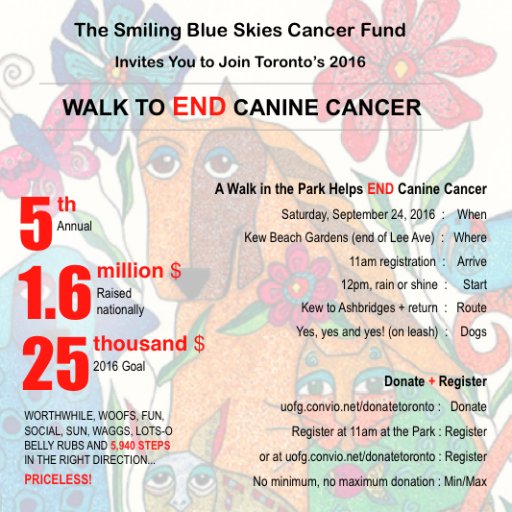 Annual Walk to End Canine Cancer. This year's walk is Sept. 24th @ Kew Beach Toronto ALL Proceeds to Smiling Blue Skies Cancer Fund Ontario Veterinary College.