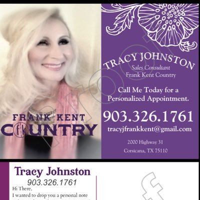 Sales rep for Frank Kent Country in Corsicana Texas...Wife, mother and organizer extraordinaire for the Johnston Household