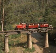 Restored historic narrow gauge railway through spectacular mountain scenery between Thomson and Walhalla.