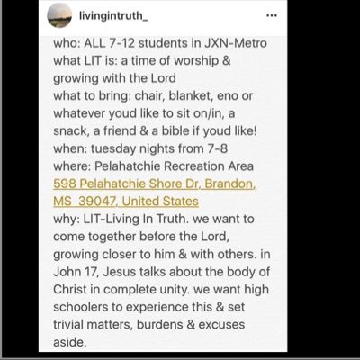 a student led time of worship & Bible study for high school & junior high students in JXN area. Tuesday nights @ 7. Winner Circle Park, Flowood MS.