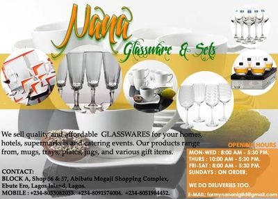 provides you with affordable glasswares for your hotels,offices,homes,super markets and catering events. Call/WhatsApp:+2348033082033. Nationwide delivery