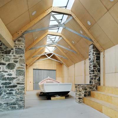 Boatshed for community boat building. Operated by Portsoy Community Enterprise.