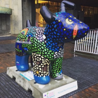 A @great_snowdogs trail pack member sponsored by @lookersgroup artist @dmaddoxmaguire located at @newcastlecc #greatnorthsnowdogs Raising funds for @stoswaldsuk