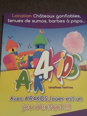 Air4kids est une société de location pour vos fêtes. On vous propose à la location des châteaux gonflable, des tenues de sumo et même des machines gourmandises.