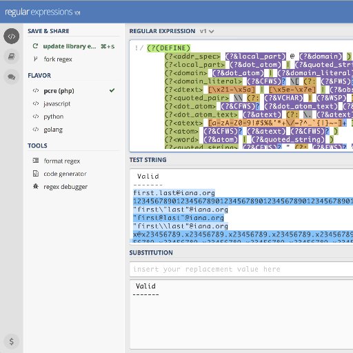 Free multilingual regular expression debugger with real time explanation, error detection and highlighting. Supports PCRE, JavaScript, GoLang, and Java.