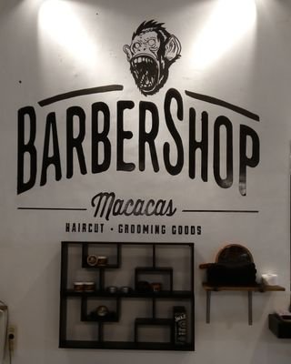 Barbershop and Pomade Store, Open 10 AM - 10 PM, Id line : @mtn67631i, IG : Macacas_barbershop, HAIRCUT • GROOMING GOODS