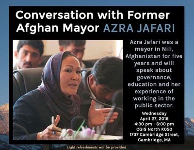 Azra Jafari served as Afghanistan's first female Mayor, 2008-2014,Nili, She is a politician and an advocate for Women’s and Human rights in Afghanistan.