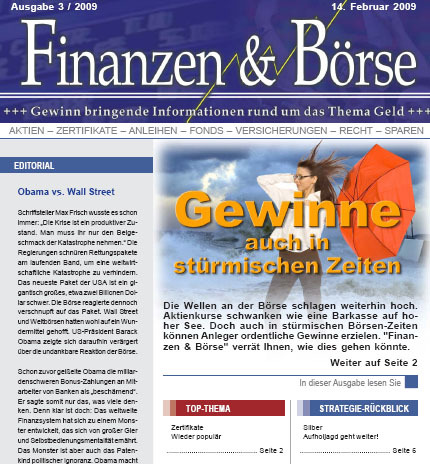 Gratis-Börsenbrief mit aktuellen und Gewinn bringenden Informationen zur Geldanlage, zur Börse und zu privaten Finanzen.