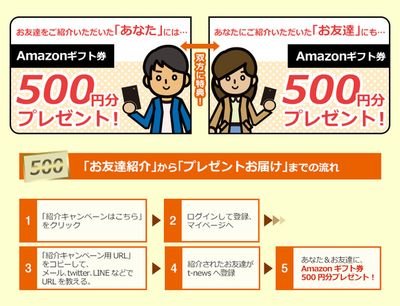 大学生限定！今t-newsという情報発信サイトに登録するだけでamazonギフト券500円分がお互いにもらえます。このサイトは試験監督やテストモニターなど比較的楽なバイトの情報をくれます。検索してもらえばわかるのですが怪しいサイトではないです。一緒にアマギフもらいませんか？　興味ある方はツイートみてね