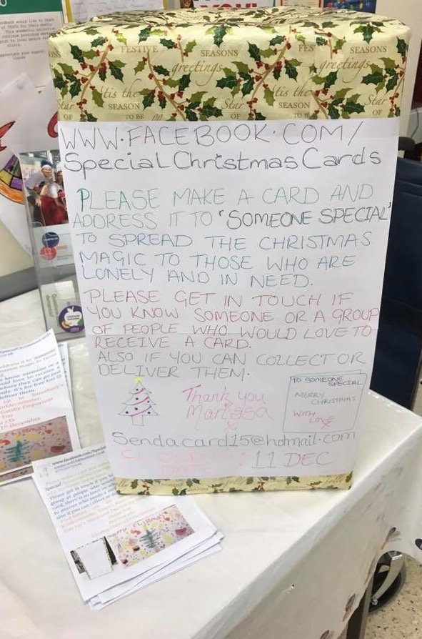 Getting local schools and the general public to make Christmas cards for the lonely and in need :) hoping to spread the Christmas magic x