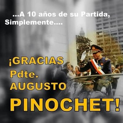 Amo a Dios, mi Patria. Soy una Pinochetista  de corazón y defenderé su obra. Sígueme y te sigo..Si eres zurdo, abstente..