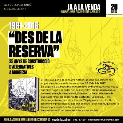 Llibre que recull tota la història dels moviments socials de Manresa des dl 1981 fins al 2016.
Podeu comprar-lo a la Llibreria Papasseit i a la Ciutat Invisible