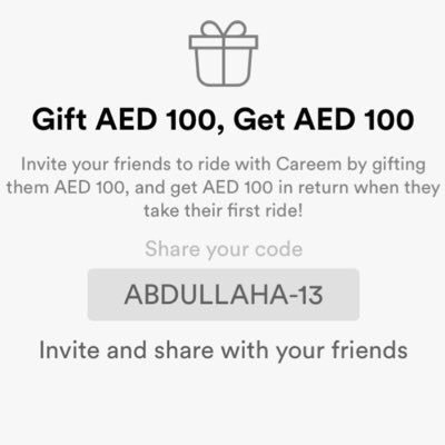 Careem UAE 100AED Gift Code Sign Up & Use this code : ABDULLAHA-13 & get 100 AED