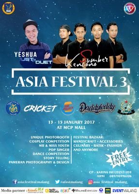 afestmalang's profile picture. Asia Festival 3 - Creative Generation
BIG EVENT on 13 - 15 Januari 2017
📍 Malang City Point ( MCP )
📨 asiafestival3@gmail.com
📞 Arni - 0857 3039 6206 ( WA )