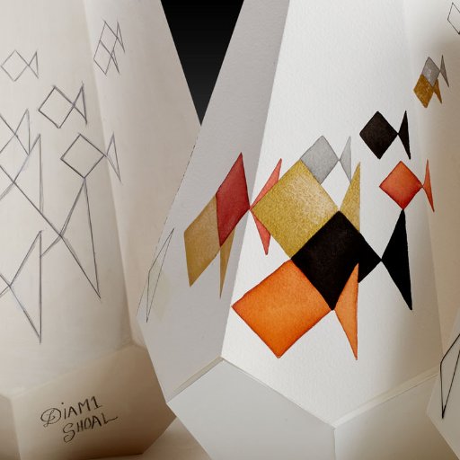 This utterly-crisp art form was launched in ELLE decoration, January 2017, with brilliant- white coloured geometric vases, hand decorated with abstract art.