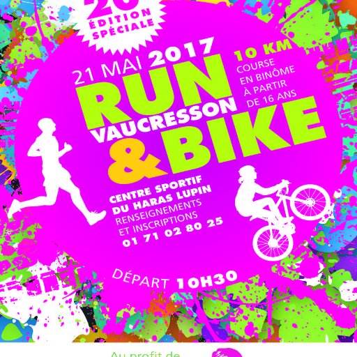 Le Run&Bike fête ses 20 ans ! Sportifs du dimanche, amateurs, confirmés, nous vous donnons rendez-vous le 21 mai 2017. La recette sera versée à une association.