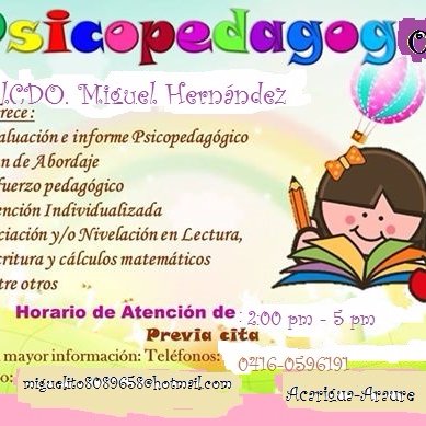 DOCENTE DE EDUC ESPECIAL PSICOPEDAGOGO, CLASES A NIÑAS/OS CON DIFICULTADES DE APRENDIZAJE EN ACARIGUA-ARAURE PORTUGUESA 9am-11am de lunes a Viernes Agenda ya!!