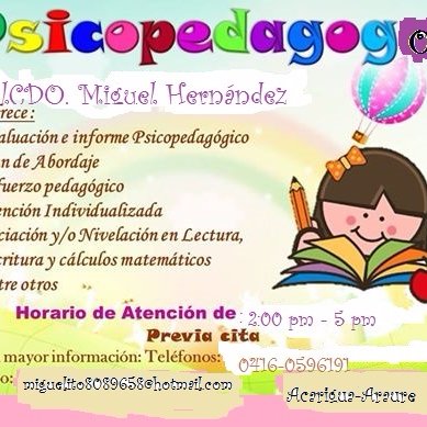 DOCENTE DE EDUCACIÓN ESPECIAL PSICOPEDAGOGO,  DOY CLASES A NIÑAS/OS CON DIFICULTADES DE APRENDIZAJE EN ACARIGUA-ARAURE PORTUGUESA  DE 3pm-5pm de lunes a jueves.