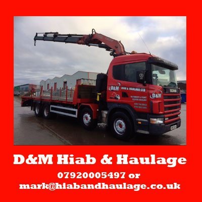D & M Hiab & Haulage LTD based in Rotherham, transport goods nationwide. Contact : Mark 07920005497 or mark@hiabandhaulage.co.uk for a quote.