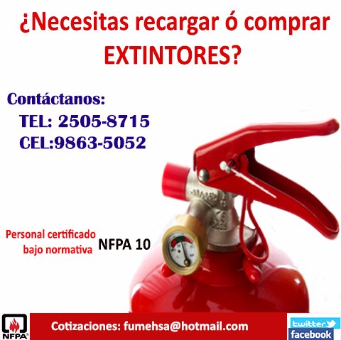 Somos una empresa dedicada a la venta y recarga de extintores además de brindar servicios de fumigación. ventassps@fumehsa.com/tel:2505-8715 cel:9863-5052👨‍🚒