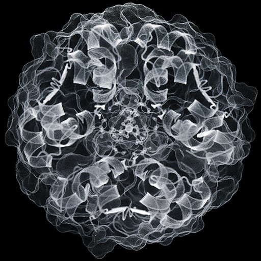 Proteins and other complex data, laser etched in clear glass blocks, in full 3D.