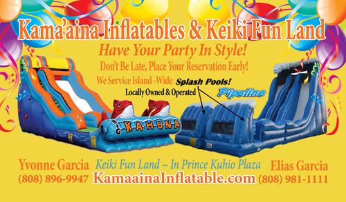 Party rentals of inflatable bouncers / jumpers, mazes: even HUGE inflatable waterslides + cotton candy, popcorn, shave ice (snow cones) machine rentals, etc.