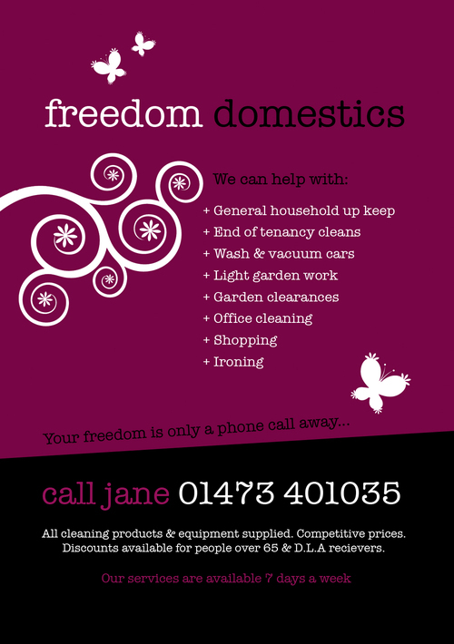FreedomDomestic's profile picture. FreedomDomestics is the new up and coming cleaning service in Ipswich Call Jane on 01473 401035 for all your domestic or commercial cleaning and up keep needs