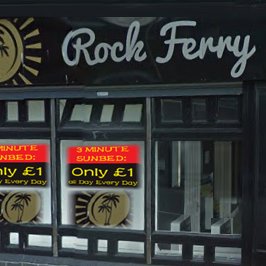 Rock Ferry Sunbeds tanning salon in Rock Ferry, Birkenhead on the Wirral. 200 yards from Rock Ferry Train Station. 3 MINUTE SUNBED: Only £1, all Day Every Day!