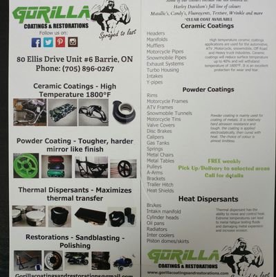 Gorilla Coatings and Restorations is Barrie’s only hands on Powder and Ceramic Coating company in Barrie ON, and we only spray the best products on the market.