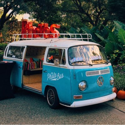 A photo booth in a vintage VW bus. Foto Bus, Photo Bus Dallas. Serving the North Texas area.