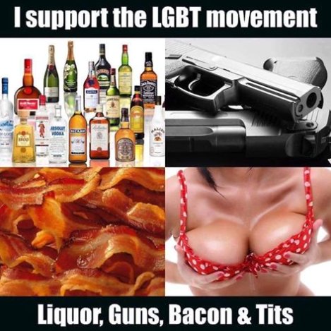 LGBT Liquor GUNs BACON And TITs this PAGE is not for PUSSY's if you don't get Butthurt or Offended easily this is the PAGE for you