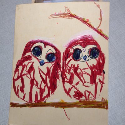 Artist and happy gardener. (Owls by my Grandson).