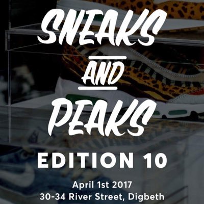 1st October Digbeth, lifestyle festival, with sneakers, apparel, djs, bar's live graffiti streetfood, and more info@sneaksandpeaks.com