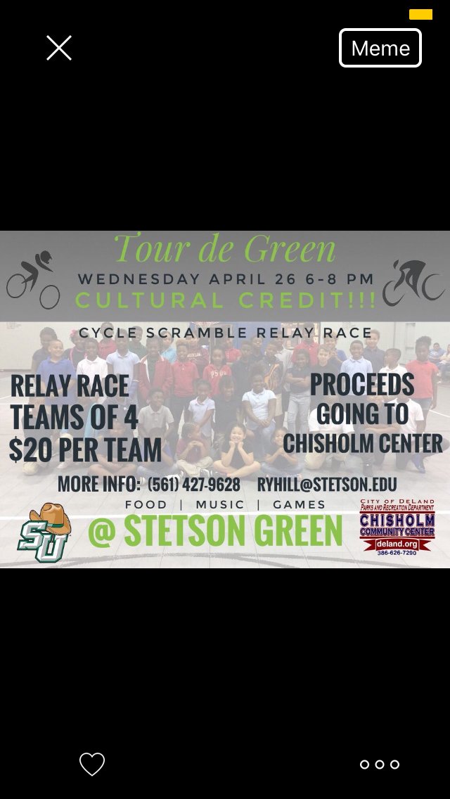 Looking for a fun Cultural Credit to go to? What better way than to watch college kids race on kids bikes around the Stetson Green for a great cause!