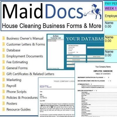 Customizable templates for your house cleaning business. Start up Package, Estimating Package, Customer Letters and Forms, Database Template, Payroll System etc