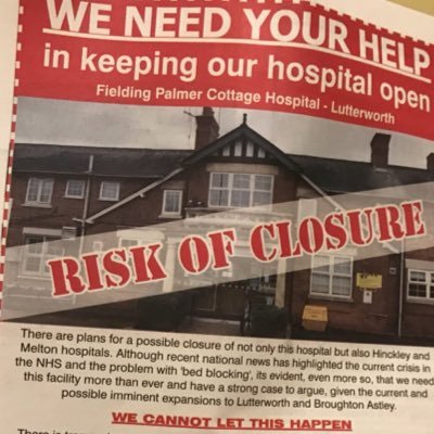 LutterworthSToP's profile picture. Fighting To Save Feilding Palmer Hospital, Lutterworth. Comprising community minded individuals. NHS CCG STP proposals https://t.co/v0tSH2Vvha