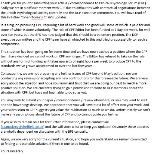 The former twitter feed of Clinical Psychology Forum. (CPF). A member publication of the BPS Division of Clinical Psychology