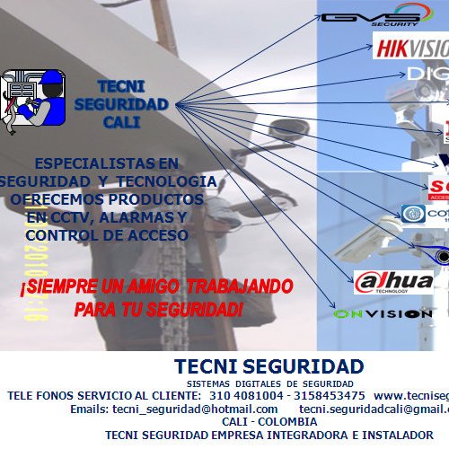 TECNI SEGURIDAD EMPRESA DEDICADA A VENTA INSTALACION PROGRAMACION MATENIMIENTO DE EQUIPOS DE SEGURIDAD ELECTRONICA .
CAMARAS - ALARMAS - CONTROL DE ACCESO -