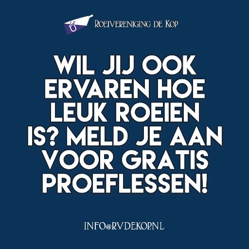 RVdekop's profile picture. Roeivereniging de Kop, een bloeiende sportclub in de kop van Noord-Holland, biedt aan iedereen in en om Schagen de gelegenheid de roeisport te leren kennen.