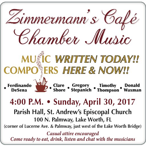 Presenting living composers of South Florida and their music in an informal atmosphere that encourages interaction between composers/performers and audience.