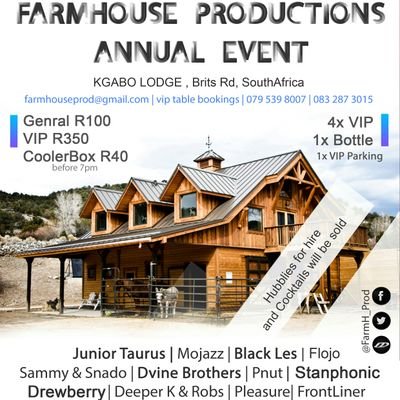 Event hosting company based in Pretoria North 012 .
We only bring you thee best entertainment you would ever want*.
Backward Vibes #FHP
Snapchat @FarmH_Prod