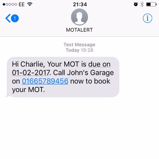 Simple non-techie system designed for busy garages to send MOT text reminders from as little as 14p per reminder