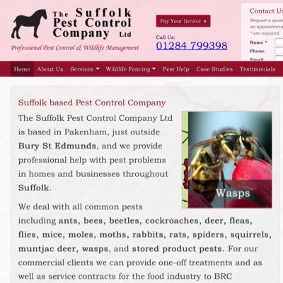 Suffolk Pest Control Company Ltd. Wildlife management and pest control. Domestic, Equestrian, commercial and food production (BRC) sectors.(01284) 799398
