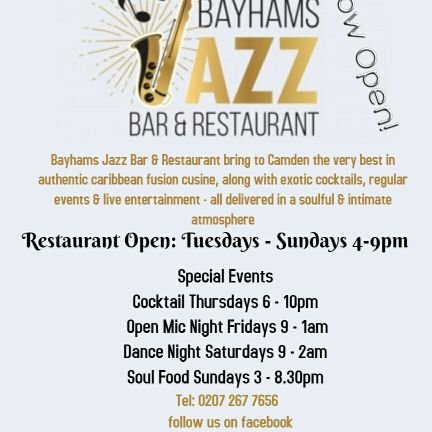 Bayhams Jazz Bar and restaurant specialising in authentic Caribbean cuisines. Live music nights,  private hire available also. Insta Bayhams_bar_restaurant