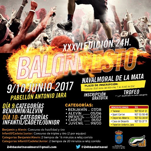 Torneo 24 horas de baloncesto de Navalmoral. Categorías Inferiores. 9 y 10 de Junio. 24hbasketnavalmoral@gmail.com
