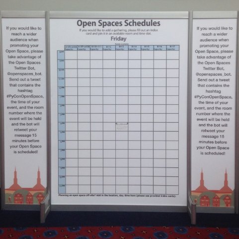 openspaces_bot's profile picture. The official bot for the #pycon2017 Open Spaces. Please follow this account to stay up to date on upcoming Open Spaces.