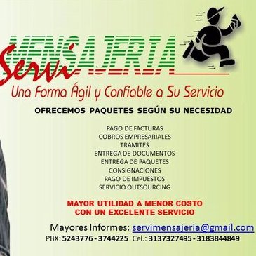 Servi_mens_cali's profile picture. * PAGO DE FACTURAS
*PAGO DE SEGURIDAD SOCIAL
*COBROS EMPRESARIALES
*ENTREGA DE DOCUMENTOS
*ENTREGA DE PAQUETES
*CONSIGNACIONES
*PAGO DE IMPUESTO 
*OUTSOURCING