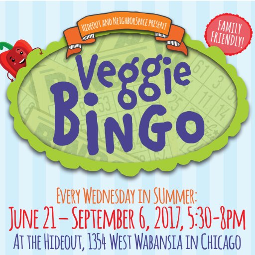 We play bingo @hideoutchicago. You win organic vegetables. The proceeds go to community gardens in Chicago.