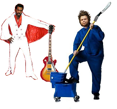 Chuck and Barry's Guide to Zombies, Vegas, and life. Chuck: drunk janitor. Barry: black Elvis impersonator.