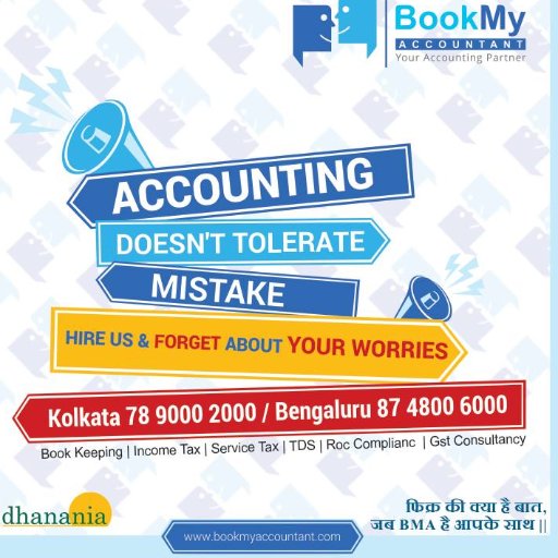 BookMyAcountnt's profile picture. 1: TDS & TCS.
2: GOODS AND SERVICES TAX.
3: TAX CONSULTANCY.
4: BOOK KEEPING AND ACCOUNTING CONSULTANCY.
All of the aforesaid services are provided here.